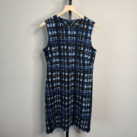 J. McLaughlin Blue/Black Abstract Plaid Printed Scuba Sheath Dress Large - Picture 1 of 6